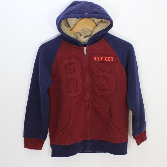 TOMMY HILFIGER Full Zip Hoodie Elbow Patches Faux Sherpa Fur Lined Heavy 12/14 - Picture 5 of 16